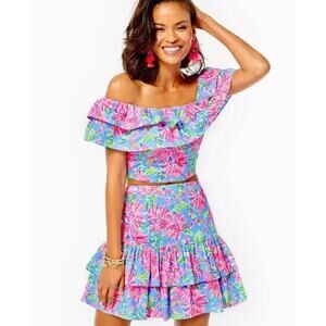 Lilly Pulitzer Mayslie Ruffle Top Mini Skirt Set Blue Peri Sunrise Bay Size 12
